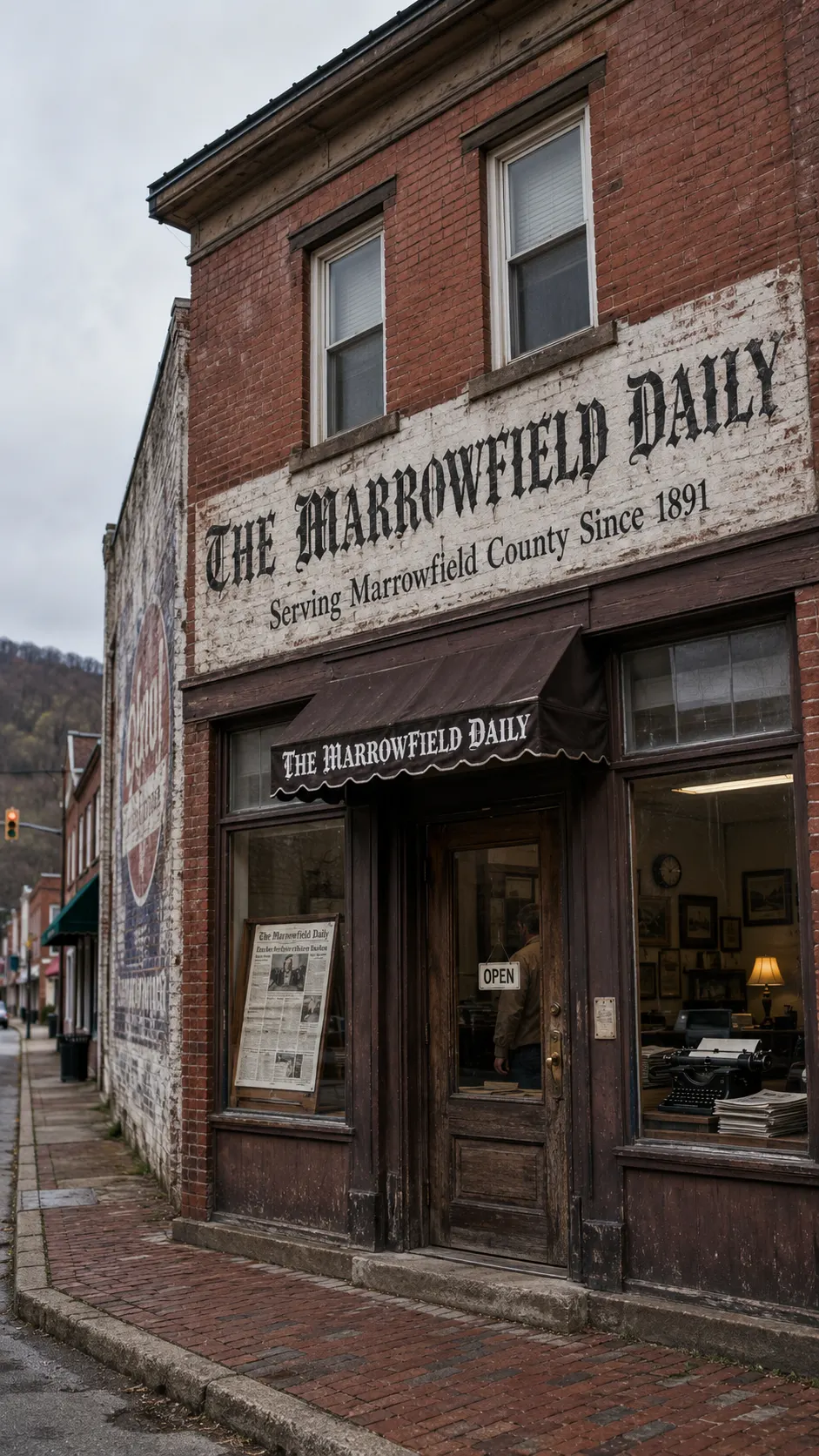 The Marrowfield Daily newspaper office facade, the in-universe paper that publishes the archive's findings.