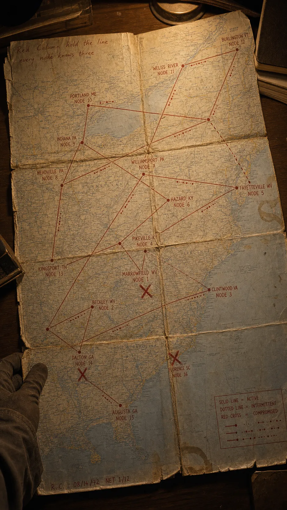 A weathered foldout map of the United States with small red pushpins scattered across confirmed Folding locations.